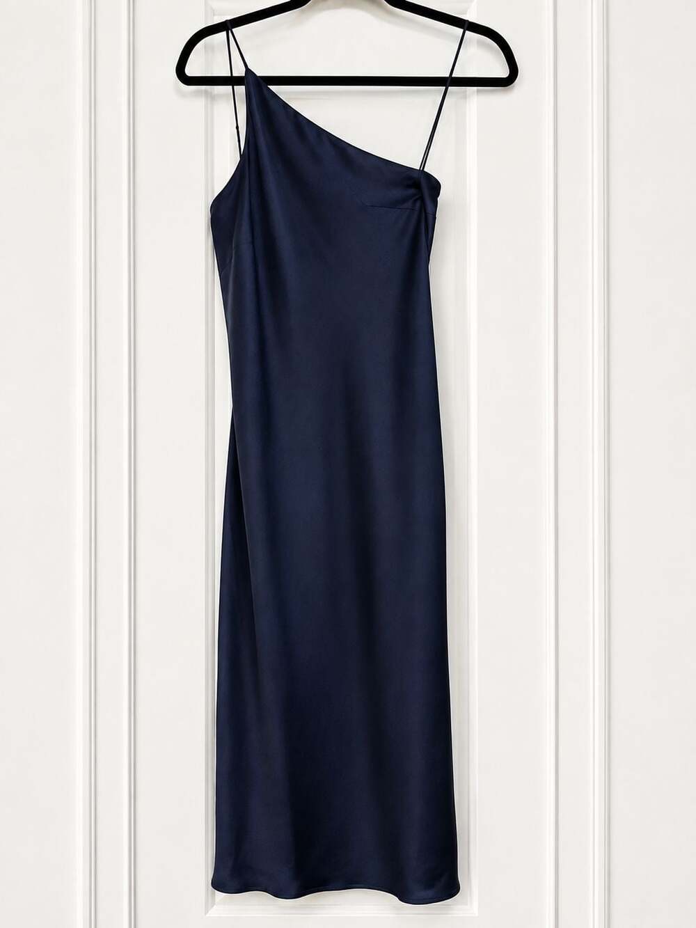 EXPRESS Navy Blue Satin One Shoulder Midi Dress